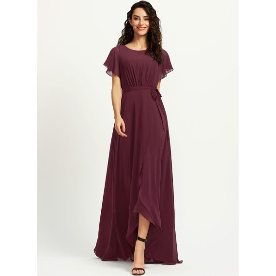 A-Line Scoop Neck Asymmetrical Chiffon Bridesmaid Dress With Ruffle