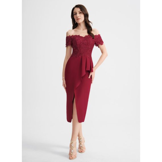 Bodycon Off-the-Shoulder Tea-Length Chiffon Lace Cocktail Dress