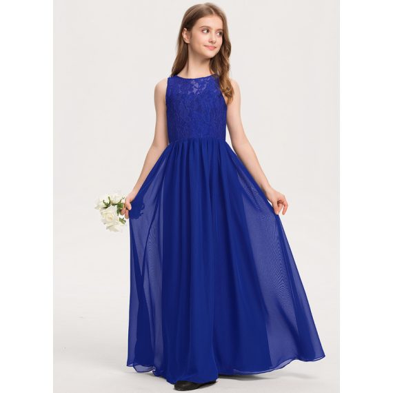 A-Line Scoop Floor-Length Chiffon Lace Junior Bridesmaid Dress