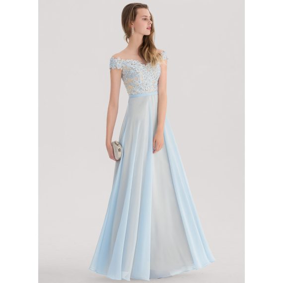 A-Line Off-the-Shoulder Floor-Length Chiffon Lace Prom Dresses With Beading Sequins