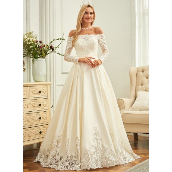 Ball-Gown/Princess Off-the-Shoulder Sweep Train Satin Lace Wedding Dress With Beading Sequins