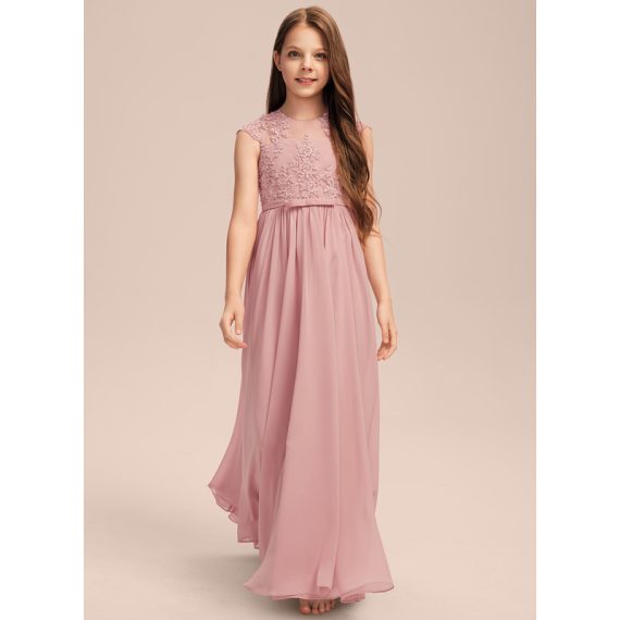 A-Line Scoop Floor-Length Chiffon Lace Junior Bridesmaid Dress With Bow(s) Pleated
