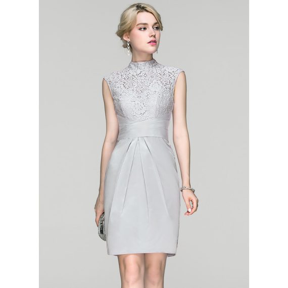 Sheath/Column High Neck Knee-Length Charmeuse Lace Cocktail Dress With Ruffle