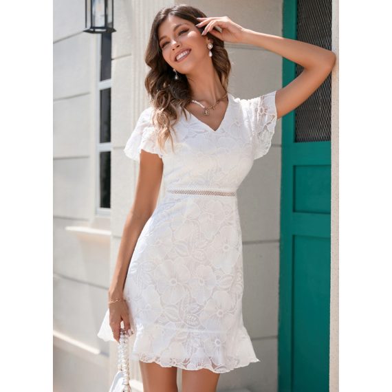 V-Neck Short Sleeves Elegant Sheath Lace Mini Dresses