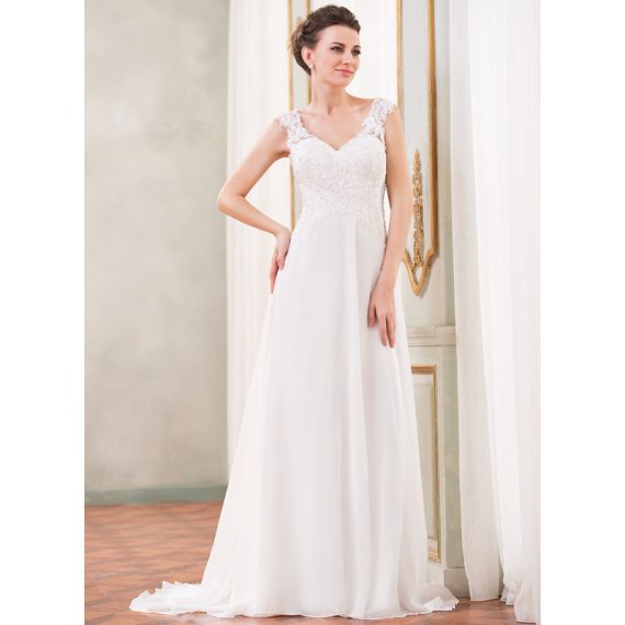 A-Line V-neck Sweep Train Chiffon Wedding Dress With Beading Sequins