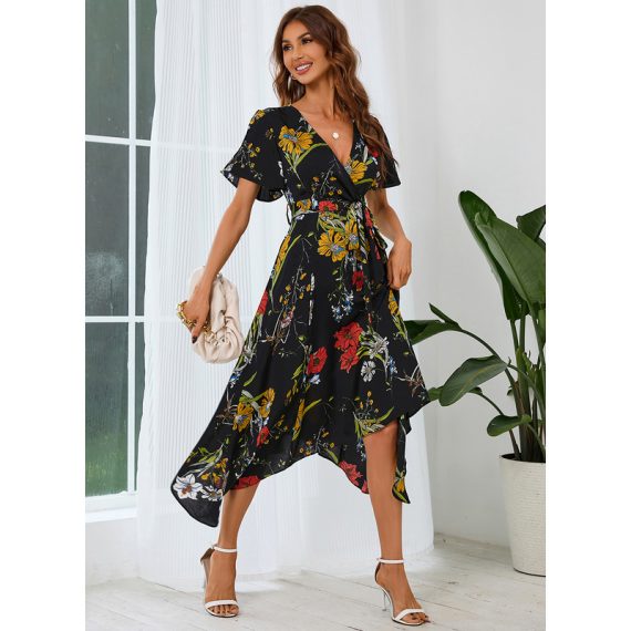 V-Neck Short Sleeves Elegant A-line Satin Asymmetrical Dresses