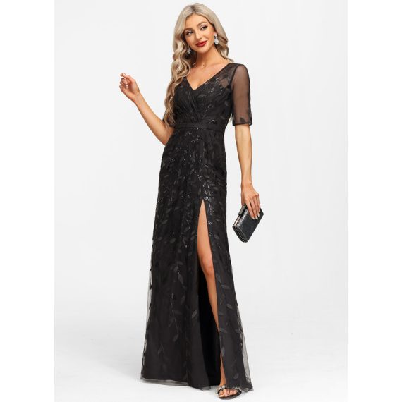 Sheath/Column V-neck Floor-Length Sequined Evening Dress