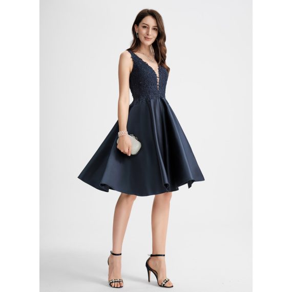 A-Line V-neck Knee-Length Satin Lace Homecoming Dress With Beading
