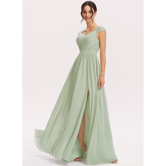 A-Line V-neck Floor-Length Chiffon Lace Bridesmaid Dress