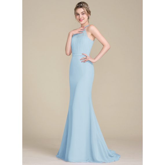 Trumpet/Mermaid Scoop Neck Sweep Train Chiffon Tulle Charmeuse Bridesmaid Dress With Ruffle