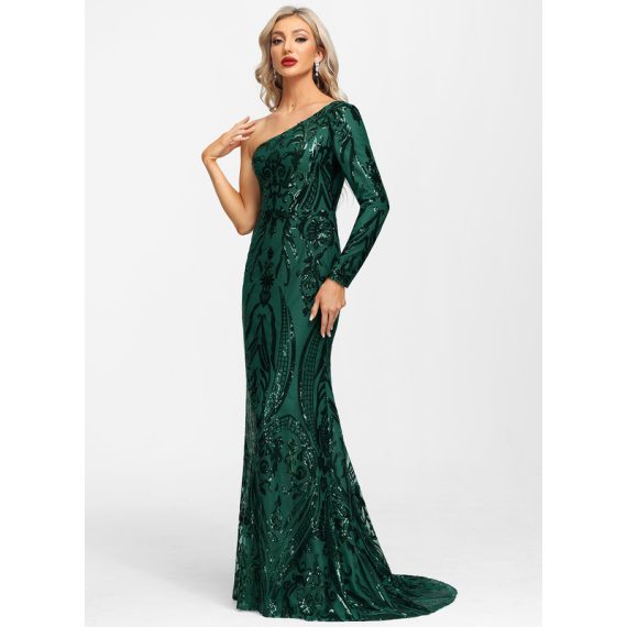 Trumpet/Mermaid One-Shoulder Sweep Train Sequined Evening Dress