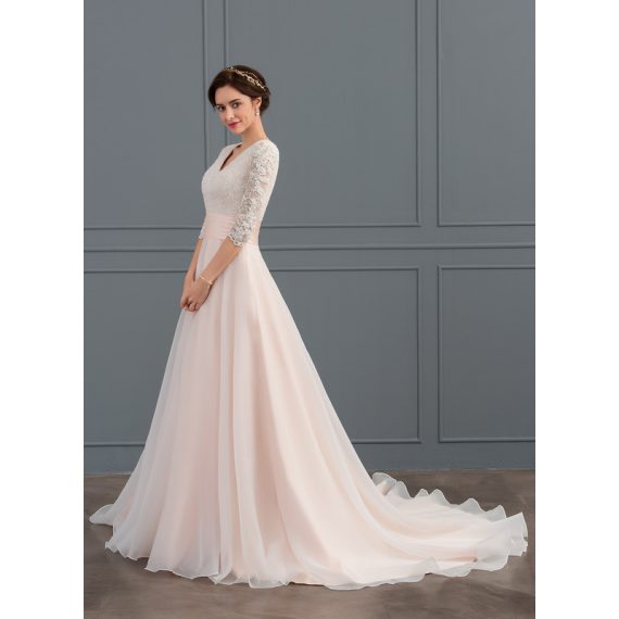 Ball-Gown/Princess V-neck Court Train Organza Lace Wedding Dress With Ruffle