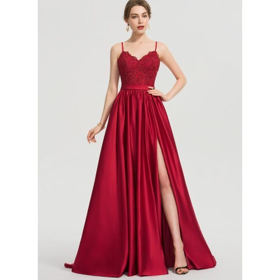 Ball-Gown/Princess V-Neck Sweep Train Lace Satin Prom Dresses With Beading Sequins