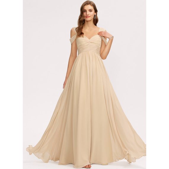 A-Line V-neck Cold Shoulder Floor-Length Chiffon Bridesmaid Dress With Pleated