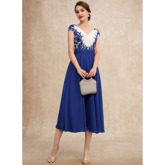 A-line V-Neck Tea-length Chiffon Lace Mother of the Bride Dress With Ruffle