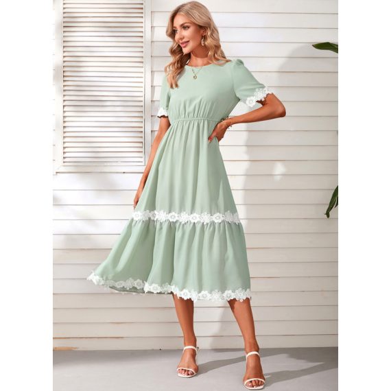 Round Neck Short Sleeves Casual A-line Polyester Midi Dresses