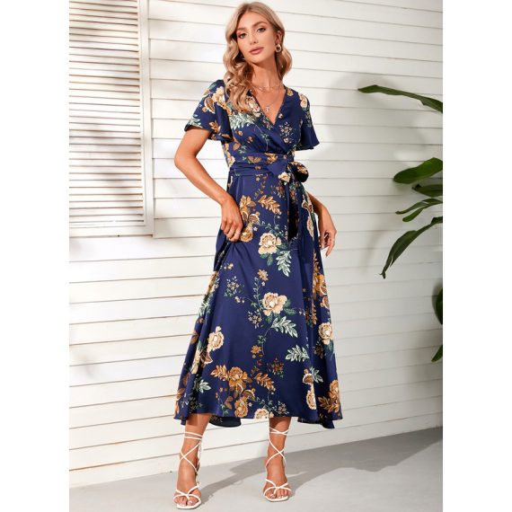 V-Neck Short Sleeves Elegant A-line Satin Midi Dresses