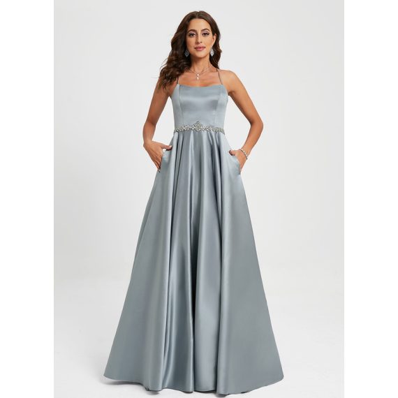 A-line Scoop Floor-Length Satin Prom Dresses With Beading