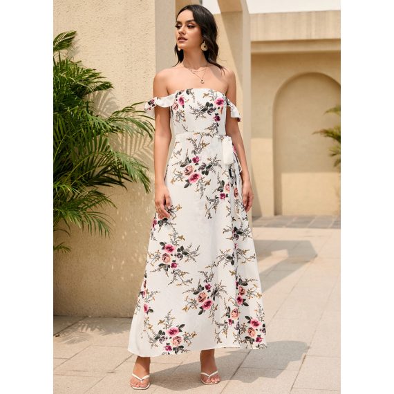 Off the Shoulder Short Sleeves Vacation A-line Chiffon Midi Dresses