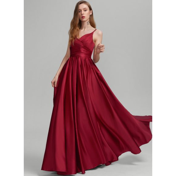 A-Line V-neck Floor-Length Satin Prom Dresses
