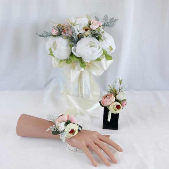 Romantic Round Silk Flower Wedding Bouquet sets (set of 3) - Wrist Corsage/Boutonniere/Bridal Bouquets