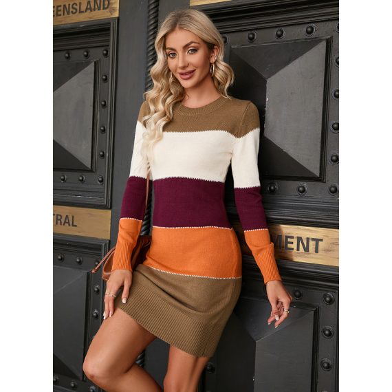 Round Neck Long Sleeves Elegant Bodycon Cotton Blends Dresses