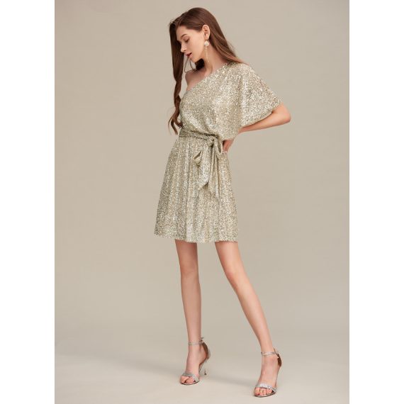 One Shoulder Short Sleeves Sexy A-line Sequined Mini Dresses