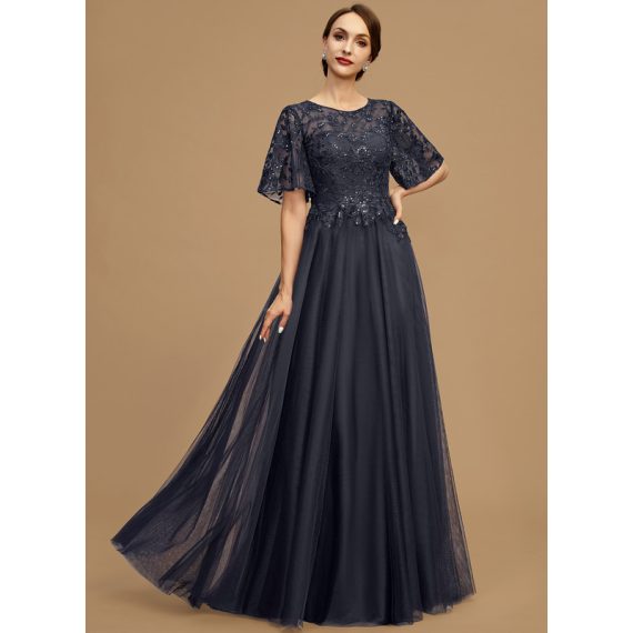A-line Scoop Illusion Floor-Length Lace Tulle Evening Dress With Sequins
