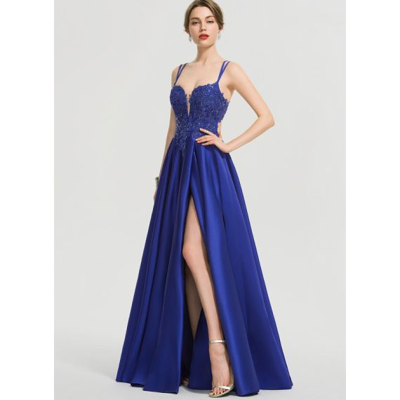 Ball-Gown/Princess V-Neck Floor-Length Lace Satin Prom Dresses With Sequins