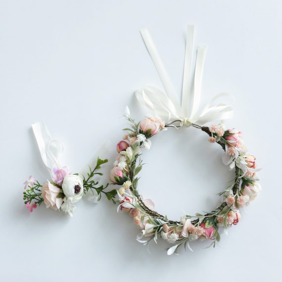 Free-Form Silk Flower Wedding Bouquet sets (set of 2) - Wrist Corsage/Headdress Flower