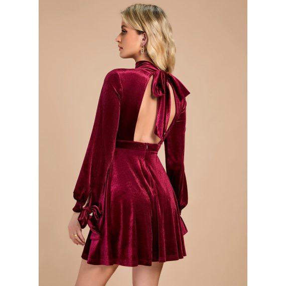 High Neck Long Sleeves Elegant A-line Velvet Mini Dresses