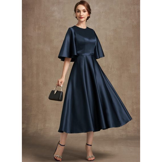 A-line Scoop Tea-length Satin Mother of the Bride Dress