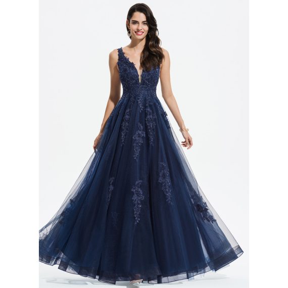 A-Line V-neck Floor-Length Tulle Prom Dresses With Sequins