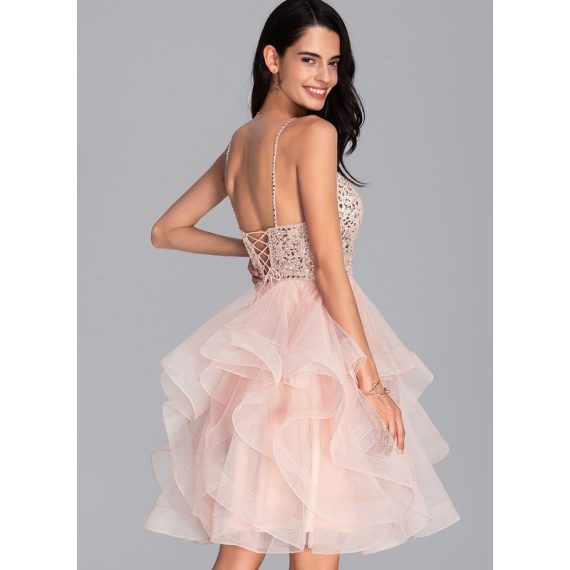 Ball-Gown/Princess V-neck Knee-Length Tulle Homecoming Dress With Beading Sequins
