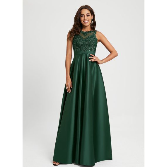 Ball-Gown/Princess Scoop Floor-Length Lace Satin Prom Dresses With Sequins