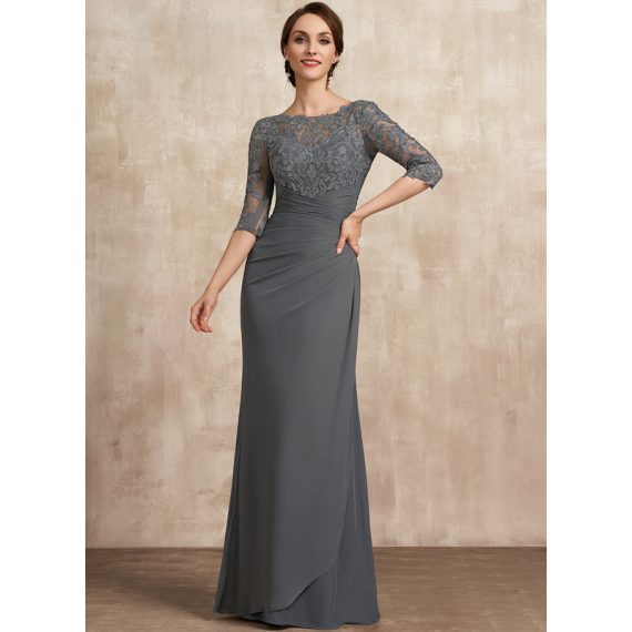 Sheath/Column Scoop Illusion Floor-Length Chiffon Lace Mother of the Bride Dress With Pleated