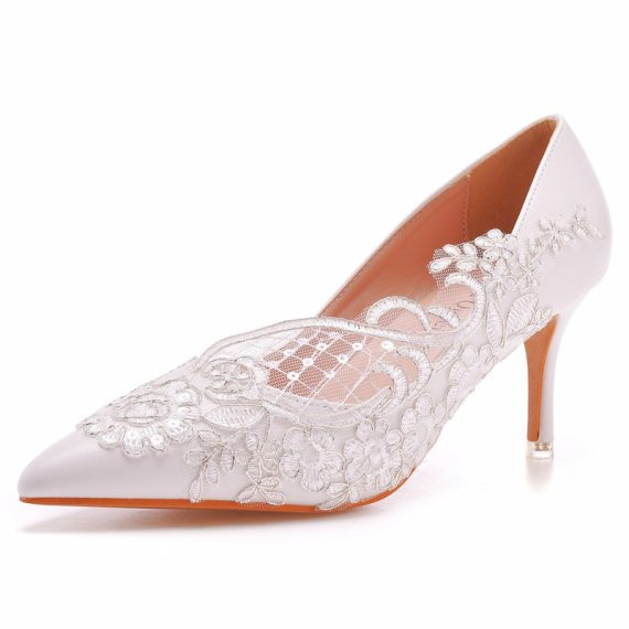 Women's Leather Stiletto Heel High Heel Closed Toe With Lace Artificial Flowers