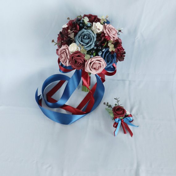 Round Silk Flower Wedding Bouquet sets (set of 2) - Wrist Corsage/Boutonniere/Bridal Bouquets