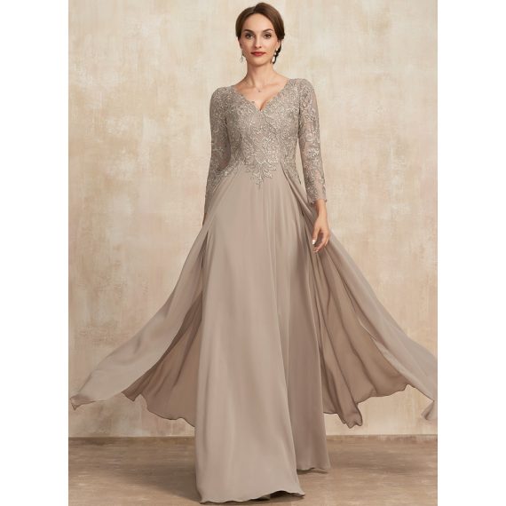 A-Line V-neck Floor-Length Chiffon Lace Mother of the Bride Dress With Sequins