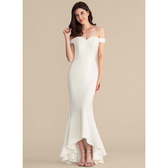 Trumpet/Mermaid Off-the-Shoulder Asymmetrical Wedding Dress With Cascading Ruffles
