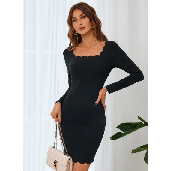 Square Neck Long Sleeves Sexy Bodycon Cotton Blends Mini Dresses