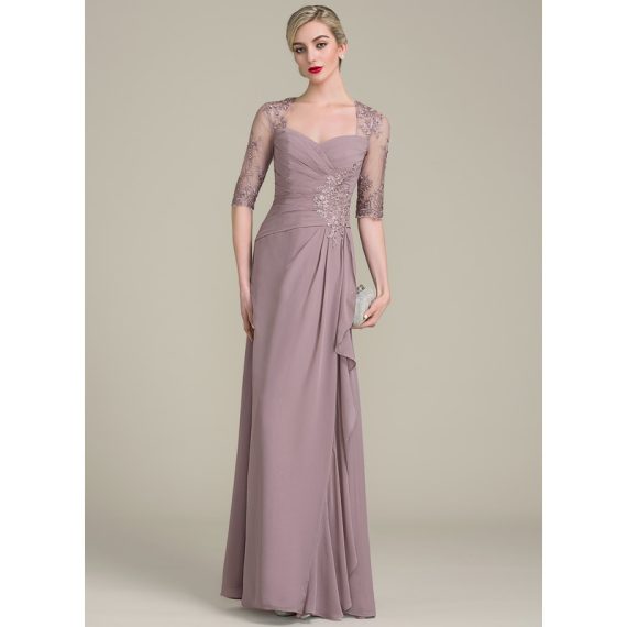 A-Line Sweetheart Floor-Length Chiffon Lace Mother of the Bride Dress With Beading Sequins Cascading Ruffles