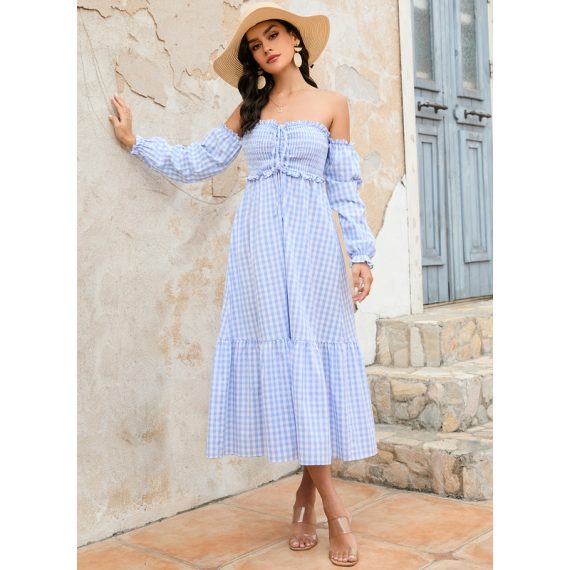 Off the Shoulder Long Sleeves Vacation A-line Cotton Midi Dresses