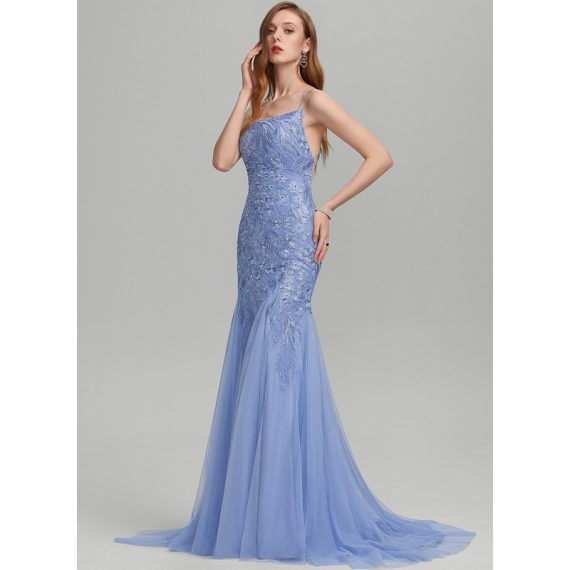 Trumpet/Mermaid Square Sweep Train Tulle Lace Prom Dresses With Sequins