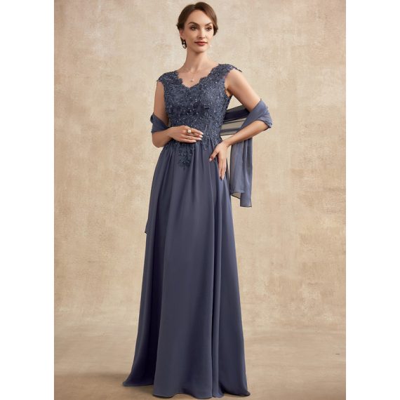 A-line V-Neck Floor-length Chiffon Lace Mother of the Bride Dress With Beading Sequins