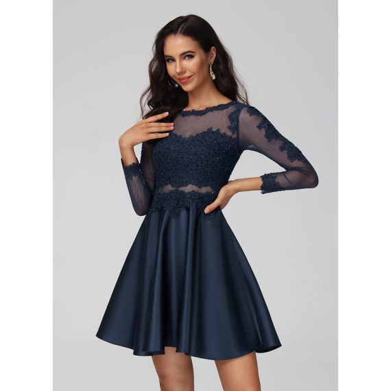 A-line Scoop Short/Mini Lace Satin Homecoming Dress