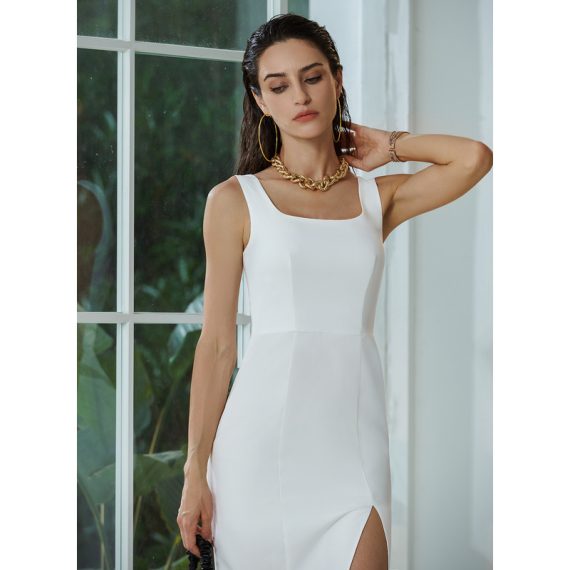 Square Neck Sleeveless Sexy Bodycon Stretch Crepe Midi Dresses