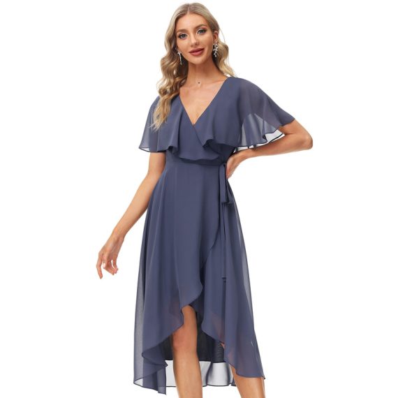 Split Front Sash V-Neck Short Sleeves A-line Chiffon Midi Dresses