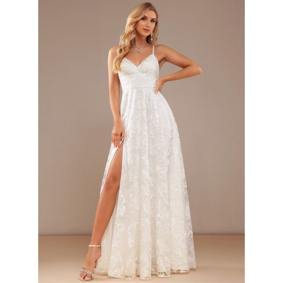 A-Line V-neck Floor-Length Lace Wedding Dress