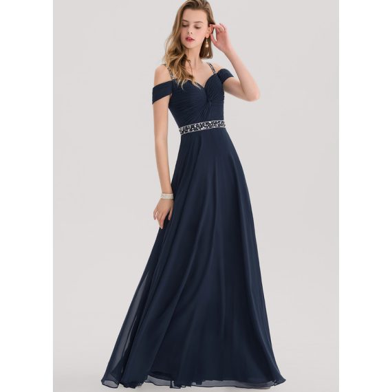 A-Line V-neck Cold Shoulder Floor-Length Chiffon Prom Dresses With Beading Sequins Pleated